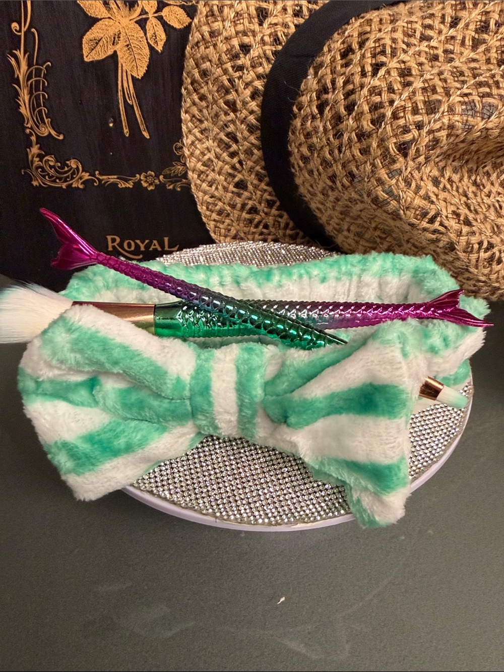 Kids Plush Green & White Stripe Bow Headband with Mermaid Makeup Brush Set
